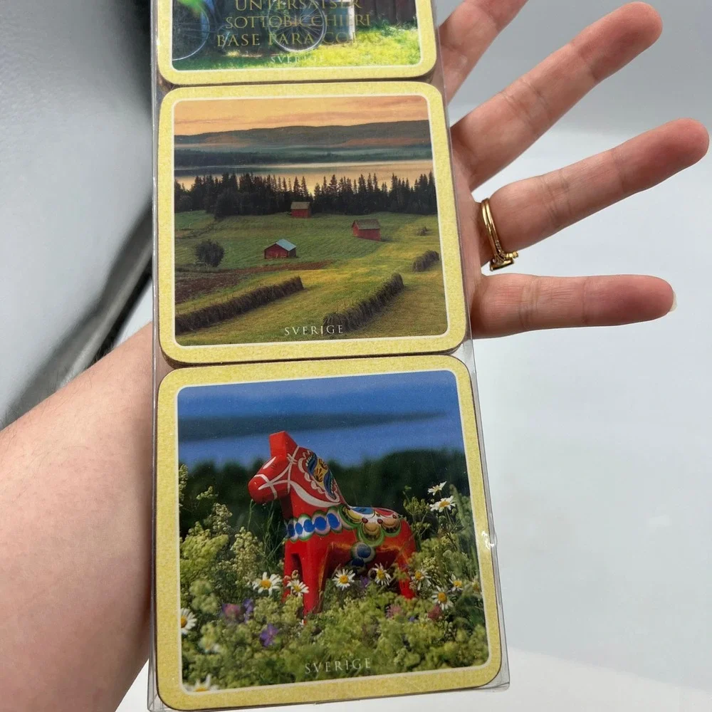Sweden Sverige Scenic Souvenir Coasters Set of 6 Cork Back Dala Horse Moose New